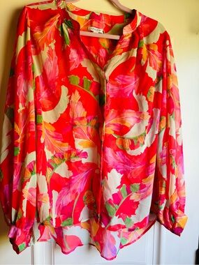 Chico's Bright Coral-Pink Floral Button-Front Blouse